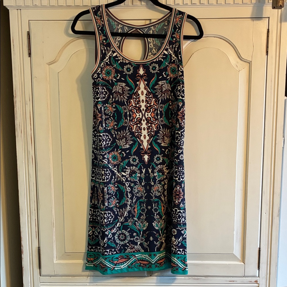 Max Studio Navy, Teal & Cream Sleeveless Keyhole Mini Dress